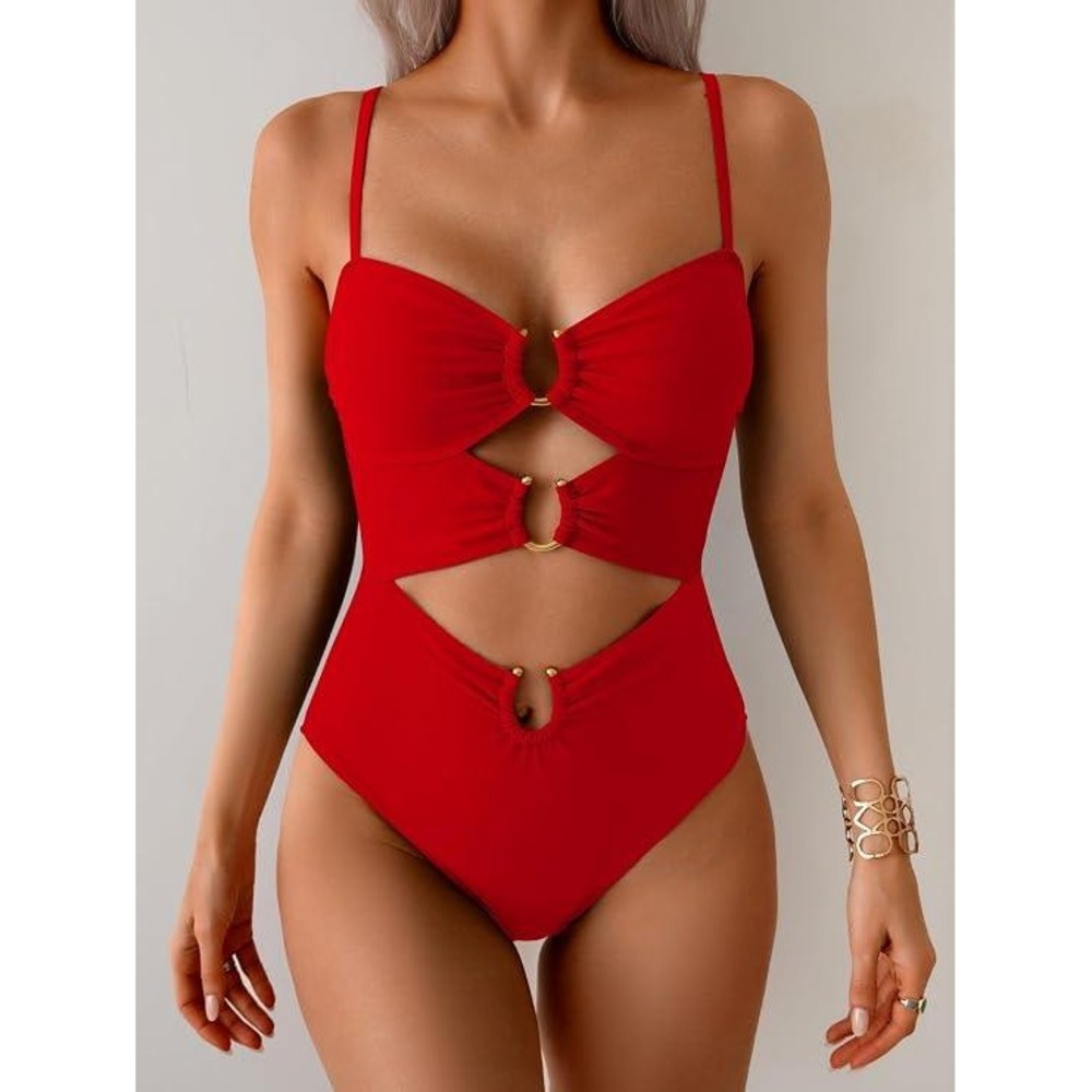 Eomenie Red One Piece Swimsuit Ring Linked‎ Cutout Sexy XL New with Tags